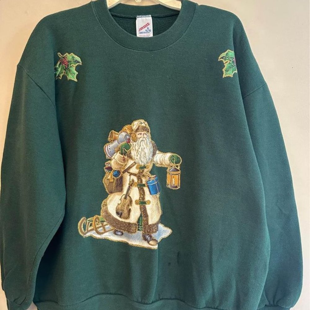 Vintage green SANTA CLAUS sweatshirt sweater Christmas Pullover Sweatshirt XL